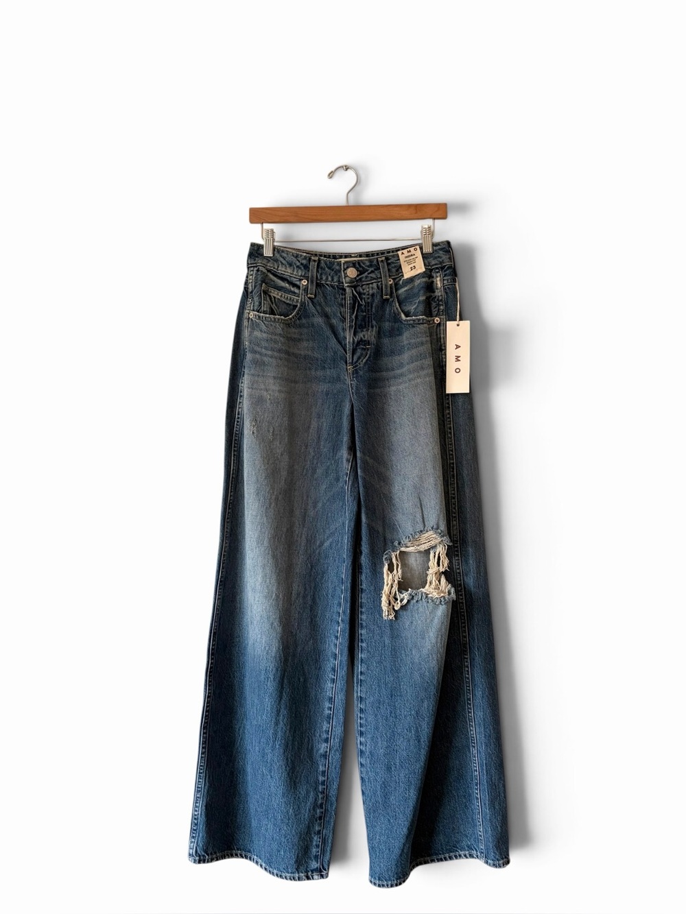 AMO Distressed Wide-Leg Mid-Blue Jeans - Picture 6 of 14